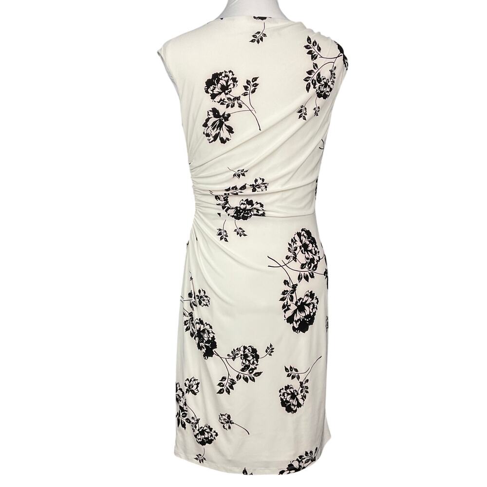 LAUREN RALPH LAUREN Dress Ruched Sleeveless White Black Floral Print sz 6 8P - Picture 9 of 16